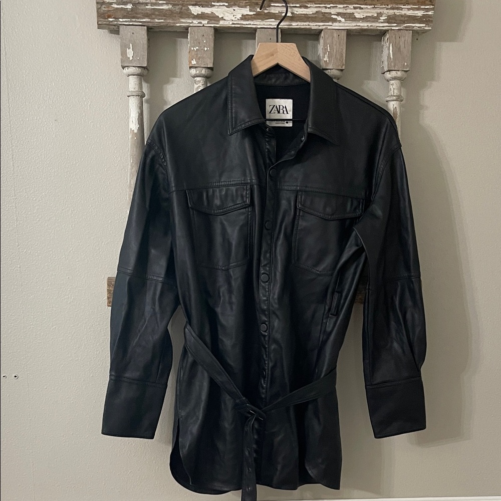 Zara Black Faux Leather Belted Shirt